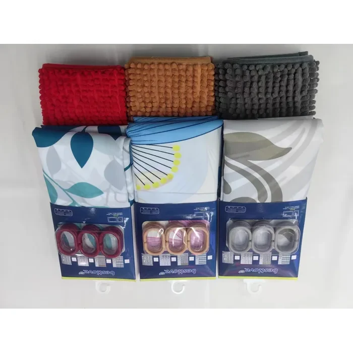 Polyester Shower Curtain & Chenille Bath Mat Set — 180 × 180 cm / 40 × 60 cm