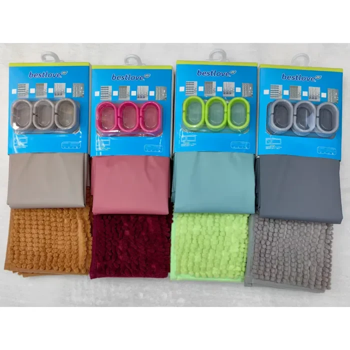Solid-Colour PEVA Shower Curtain & Chenille Mat Set