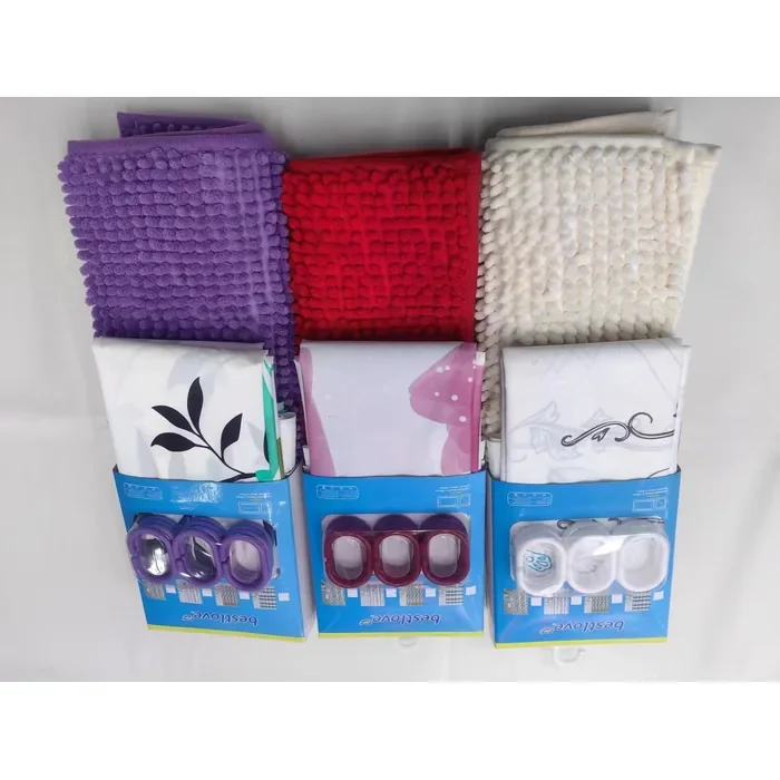PEVA Shower Curtain & Chenille Bath Mat Set — 180 × 180 cm / 40 × 60 cm